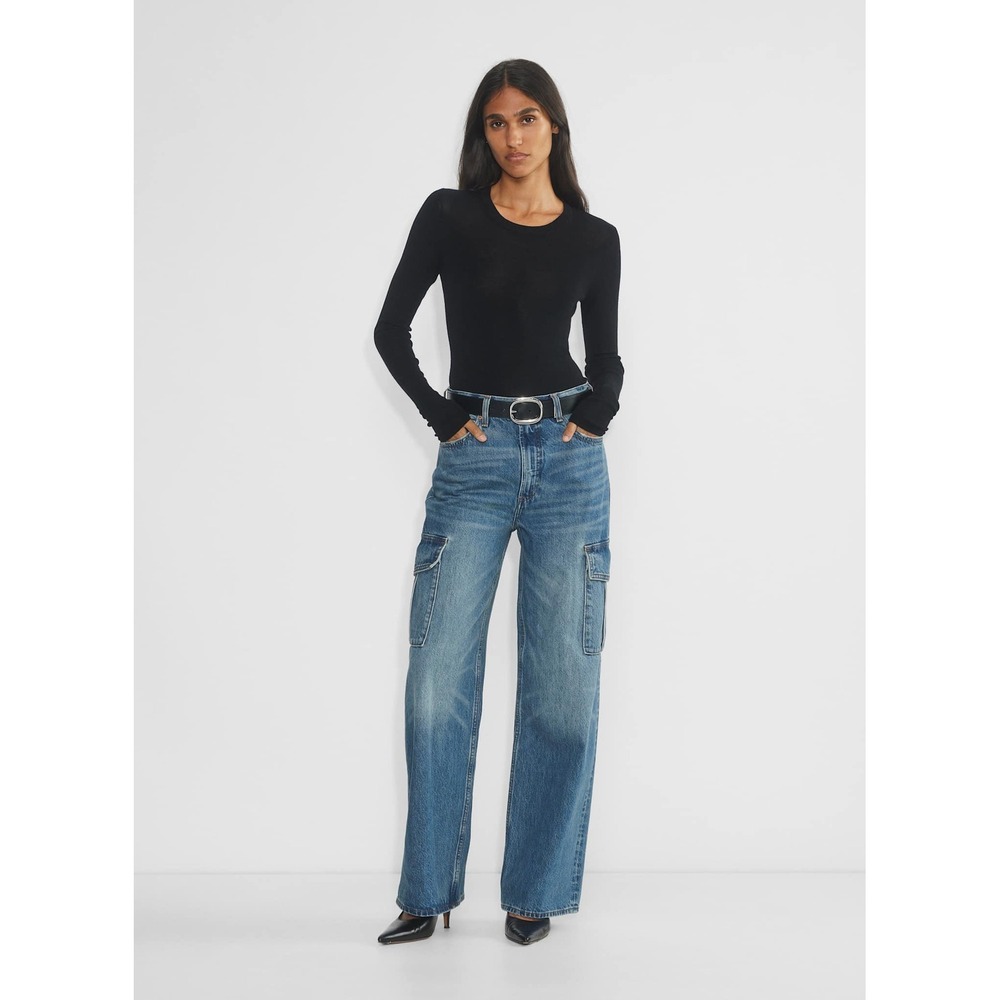 Denim Forum The Farrah Hi-Rise Wide Leg Cargo Jeans Blue 24 Tailored